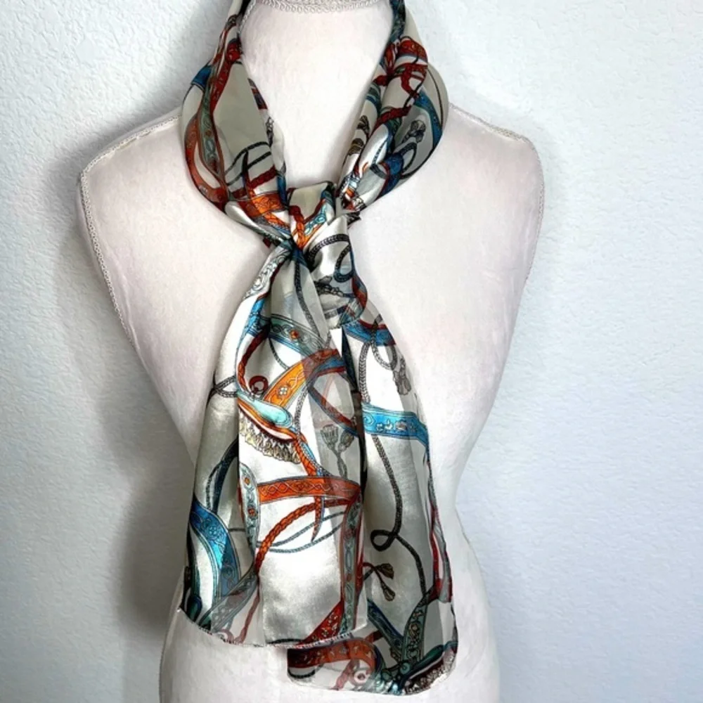 Satin & Sheer Ivory Rust & Blue Printed Scarf Ascot Hair Wrap